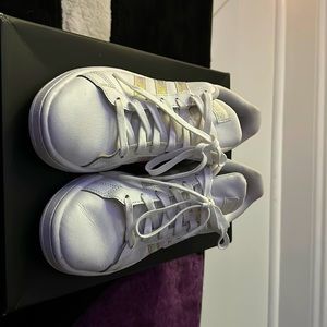 White with multi chrome stripes Adidas sneaker